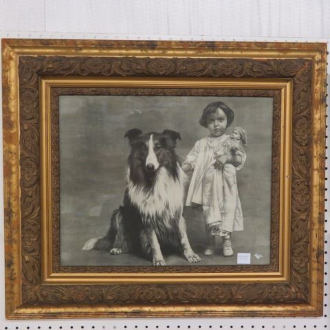 Appraisal: Antique Print of Child with Dog Doll fancy gold frame