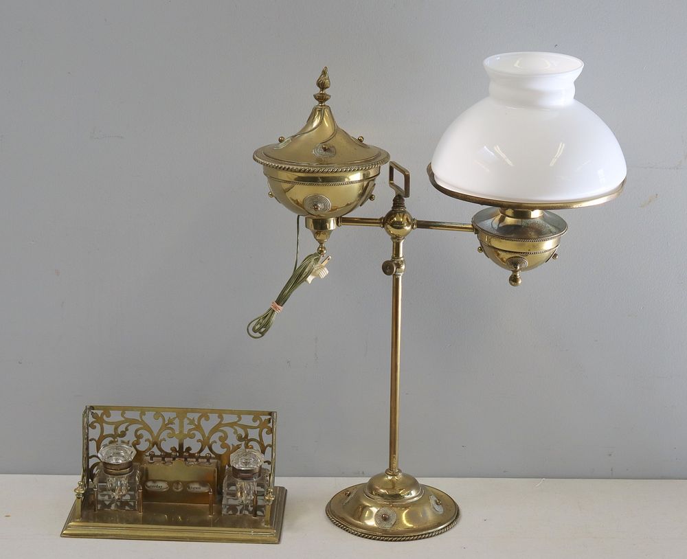 Appraisal: Antique Brass Inkwell Together With A Brass Students Lamp approximately