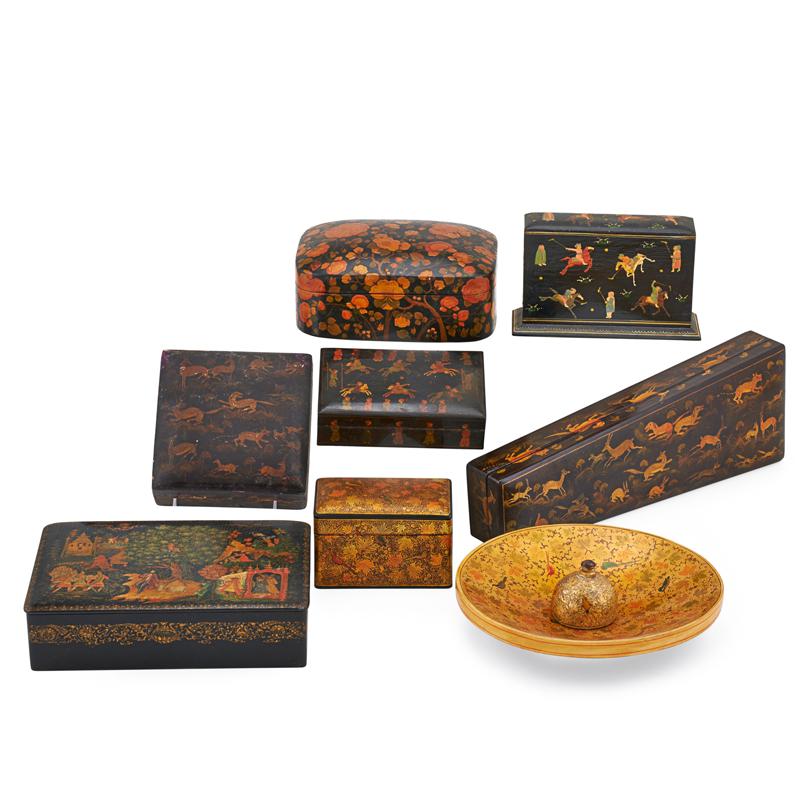 Appraisal: RUSSIAN KASHMIR AND PERSIAN LACQUERED ITEMS Nine Including Persian card