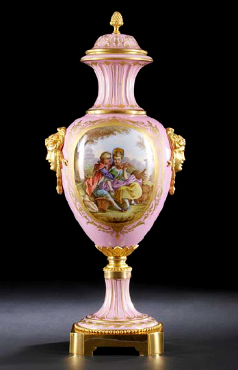 Appraisal: Tall French Gilt-Brass-Mounted Rose Pompadour Porcelain Two-Handled Covered Garniture Vase