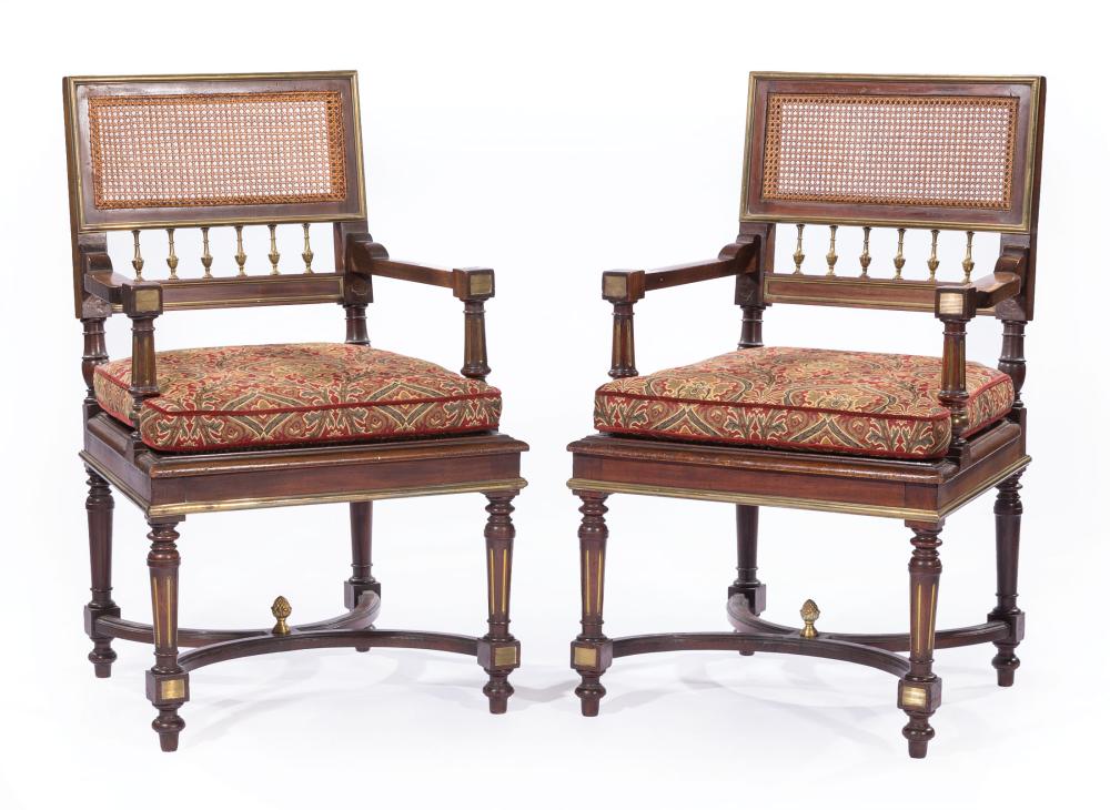 Appraisal: Pair of Continental Neoclassical-Style Brass-Mounted Mahogany Fauteuils th c rectangular