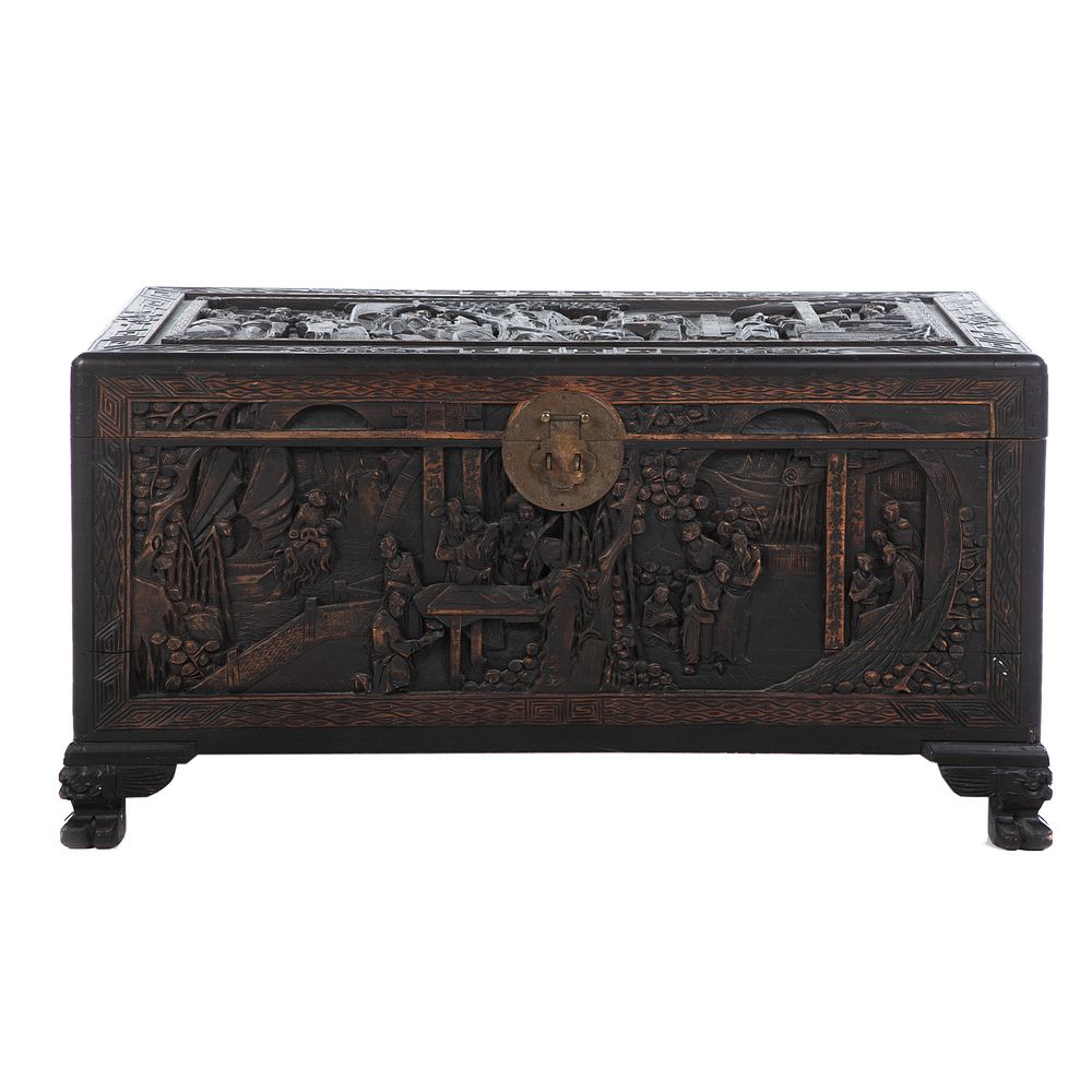 Appraisal: Chinese Export Carved Camphor Wood Trunk With elaborately carved figural