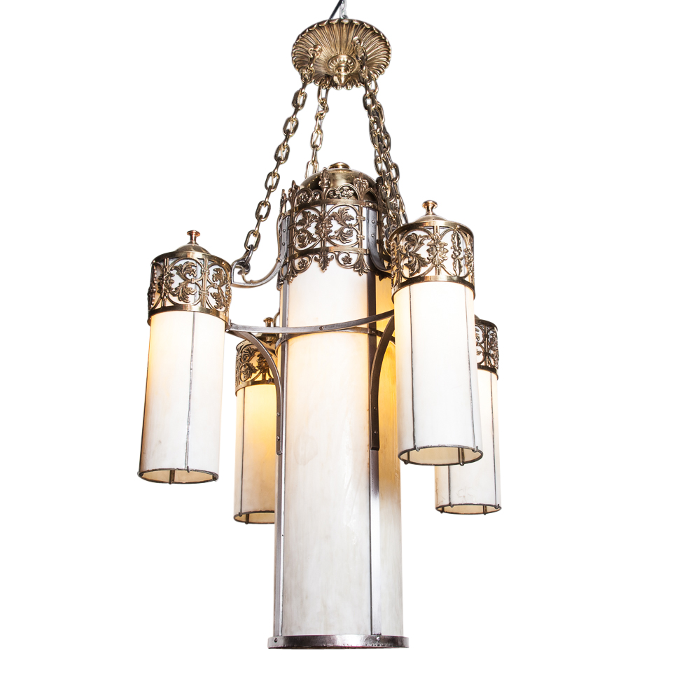 Appraisal: IRON AND GILT BRONZE FIVE LIGHT CHANDELIER WITH WHITE SLAG