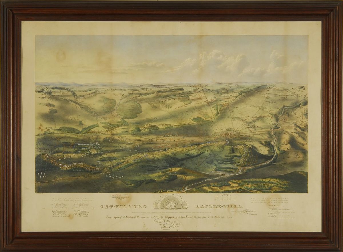 Appraisal: FRAMED ENDICOTT CHROMOLITHOGRAPH th CenturyGettysburg Battlefield Printed signature of Augustus