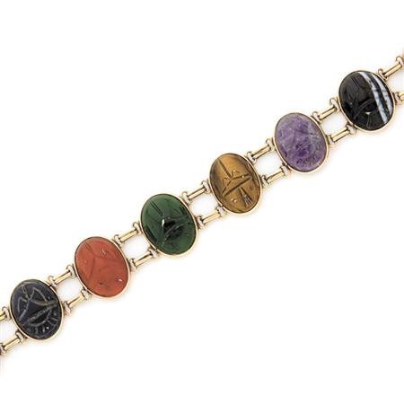 Appraisal: Gold Colored Stone and Hardstone Scarab Bracelet Estimate -