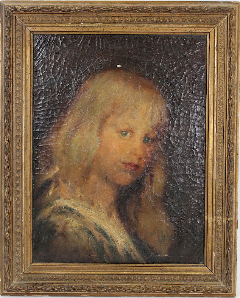 Appraisal: American School Antique Painting of Blue Eyed Girl American School