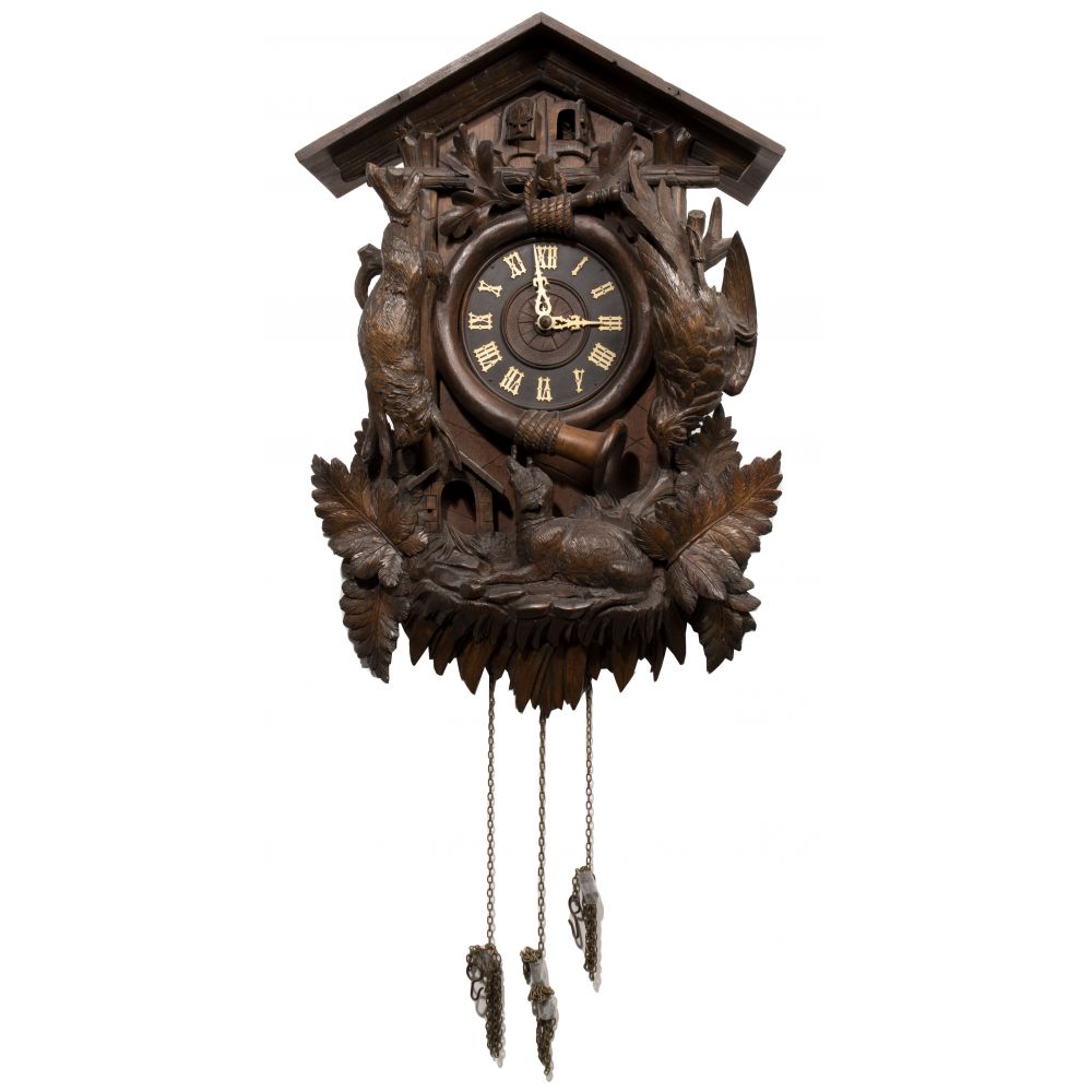 Appraisal: BLACK FOREST STYLE WOOD CUCKOO CLOCKCarved wood hunt-themed clock depicting