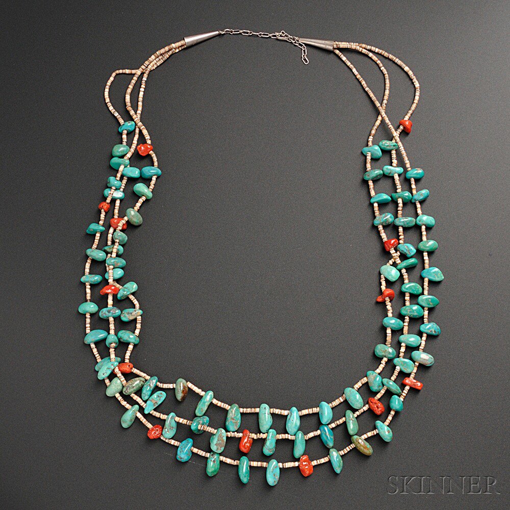 Appraisal: Pueblo Turquoise Coral and Heishi Necklace a three-strand nugget-style necklace