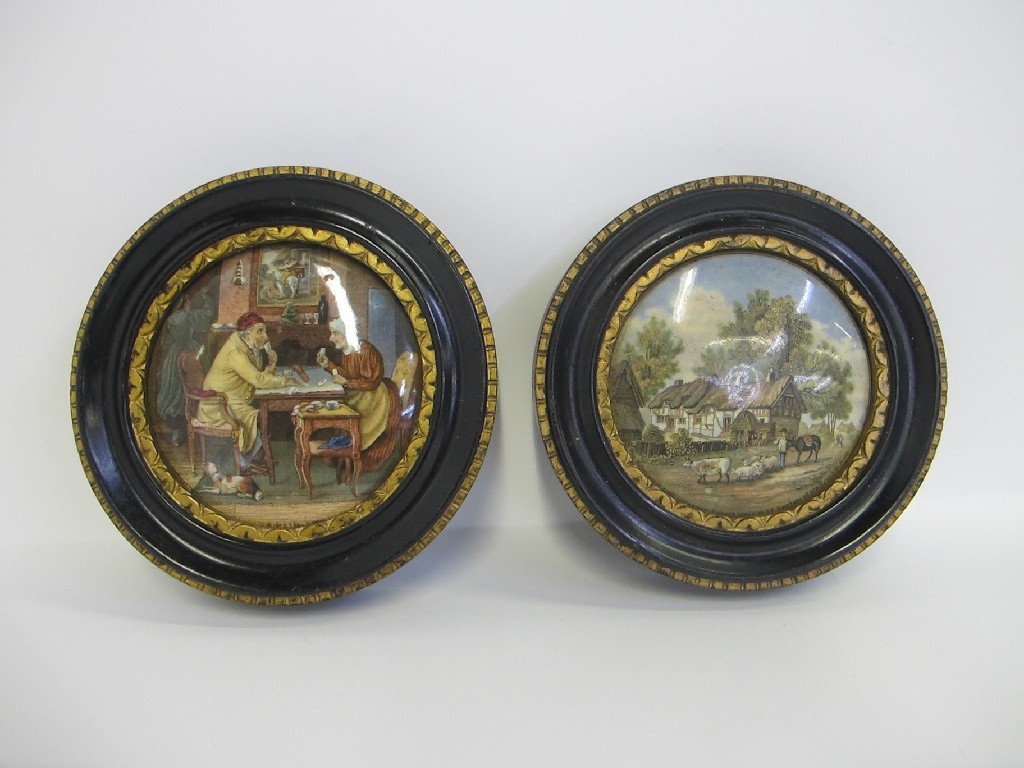 Appraisal: Two framed pot lids including Ann Hathaway's residence and 'A