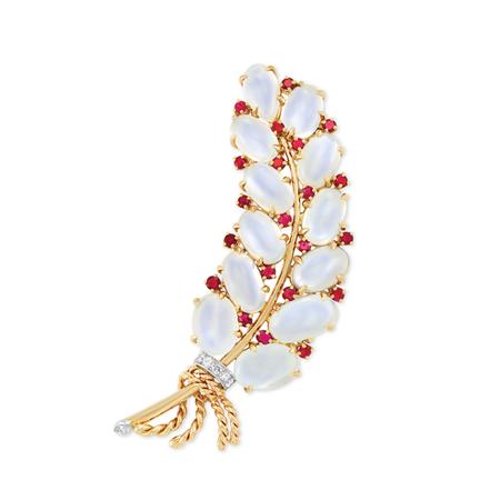 Appraisal: Gold Platinum Moonstone Ruby and Diamond Leaf Brooch Trabert Hoeffer