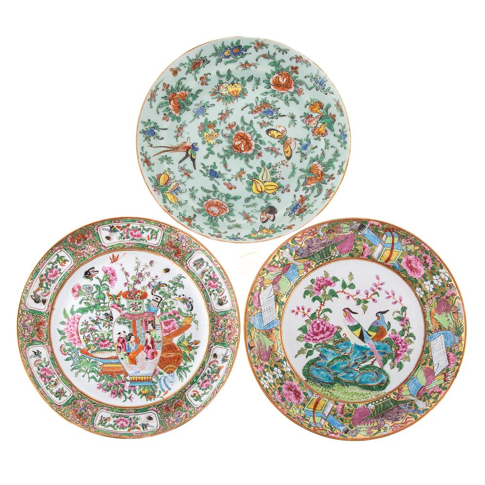 Appraisal: Three Chinese Export Famille Rose Plates Includes plate with birds