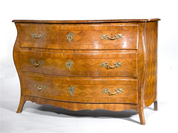 Appraisal: CHEST OF DRAWERS Louis XV Germany Inlaid walnut with parquetry