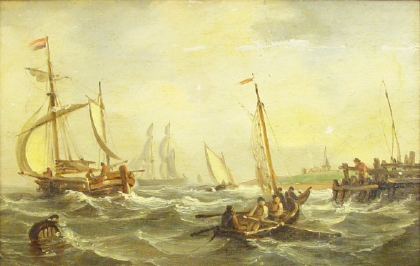 Appraisal: th Century oil onto panel of a stormy harbour entrance