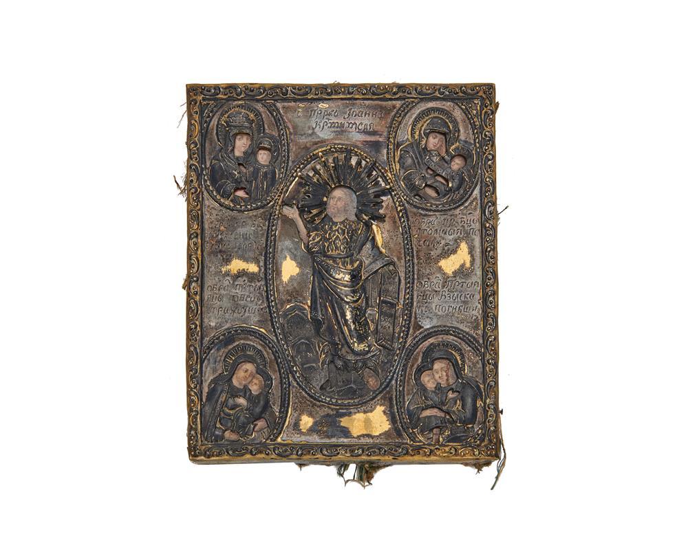 Appraisal: Russian Icon with Gilt Silver Riza etched with Cyrillic calligraphy