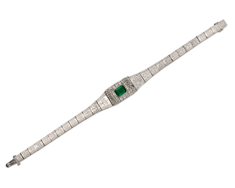 Appraisal: Platinum Emerald and Diamond Bracelet Platinum Emerald and Diamond Bracelet