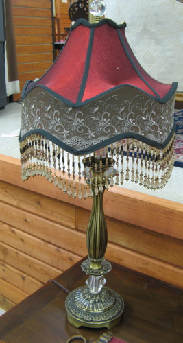 Appraisal: PAIR VICTORIAN STYLE TABLE LAMPS having dark red cloth shades