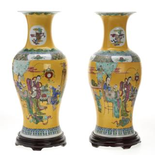 Appraisal: Pair large Chinese yellow ground baluster vases Pair large Chinese