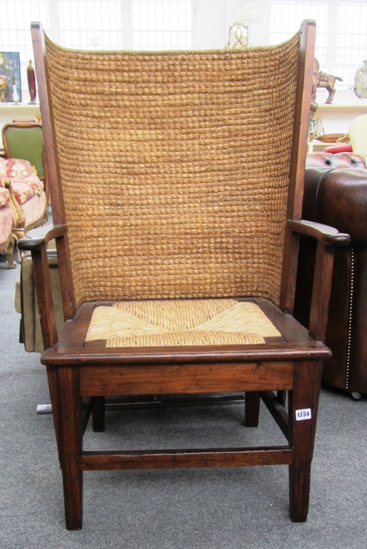 Appraisal: A mid th century stained pine and woven straw back