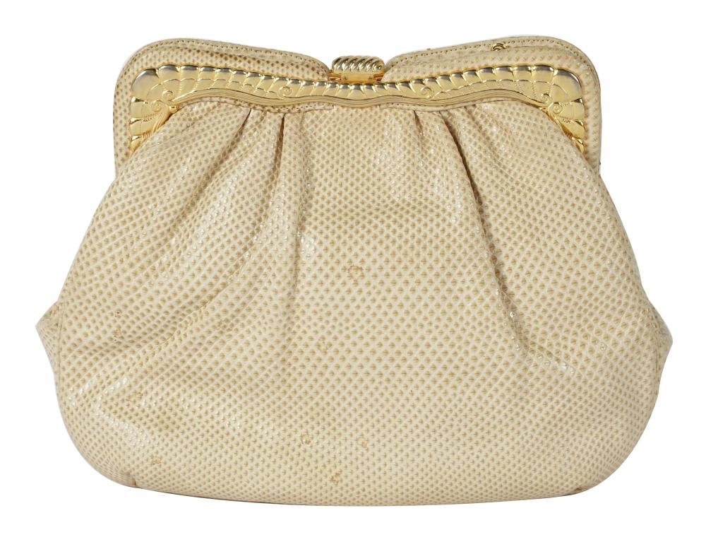 Appraisal: JUDITH LEIBER HANDBAGwhite lizard gold-tone hardware with chain strap compact