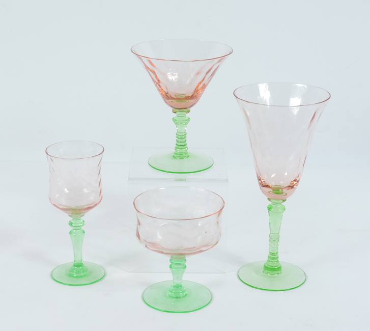 Appraisal: PINK WITH GREEN GLASS COCKTAIL STEMWARE With pink tops and