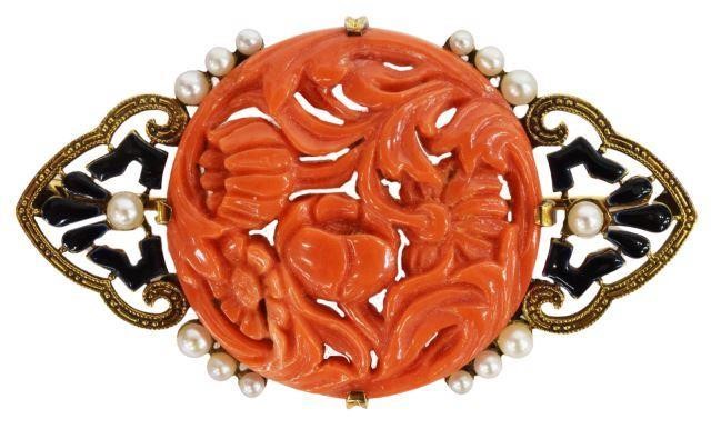 Appraisal: Estate kt yellow gold brooch coral medallion carved and pierced