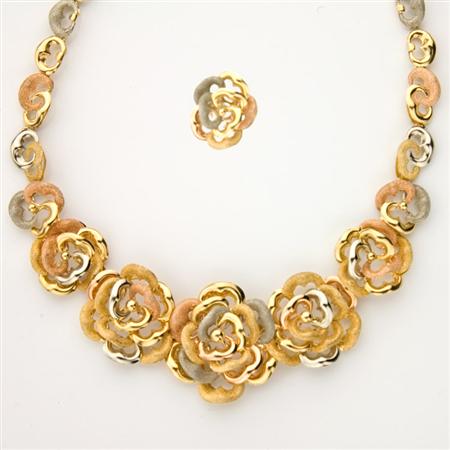 Appraisal: Tricolor Gold Necklace and Flower Ring Estimate -