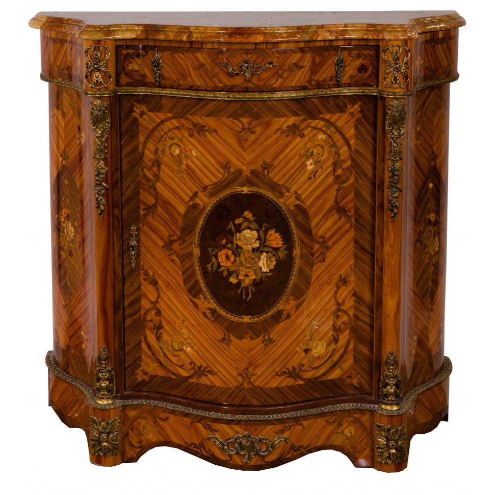 Appraisal: FRUITWOOD MARQUETRY INLAY CABINETHaving a faux marble top over cloth