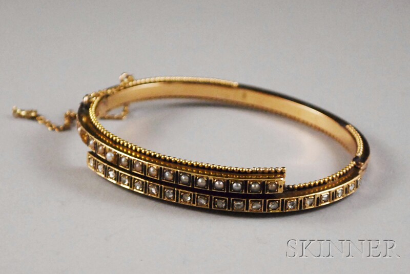 Appraisal: Antique kt Gold Pearl and Diamond Bangle Bracelet with French