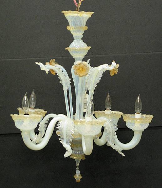 Appraisal: A small Murano opalescent and gold fleck glass five light