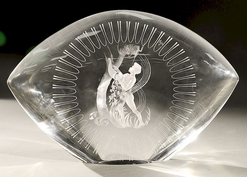 Appraisal: Steuben glass sculpture etched crystal scene of a boy by