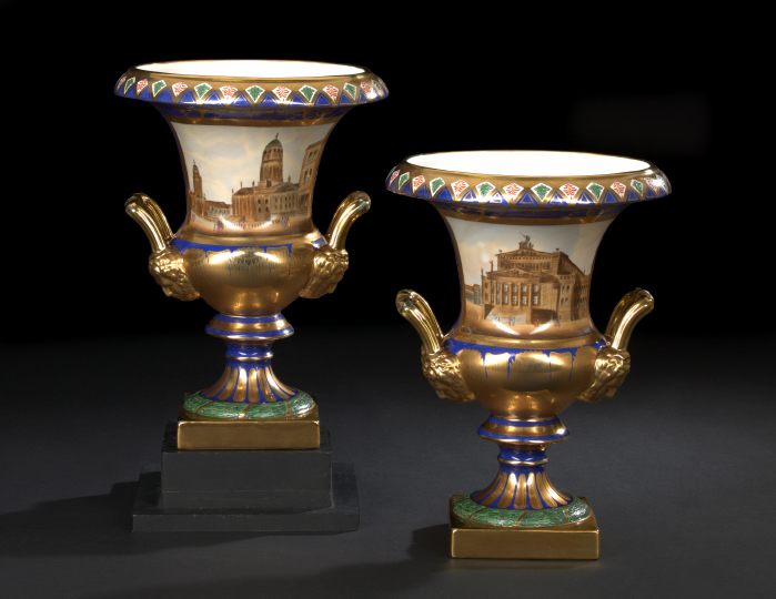 Appraisal: Pair of Old Paris-Style Gilt-Decorated Porcelain Urns of campana form