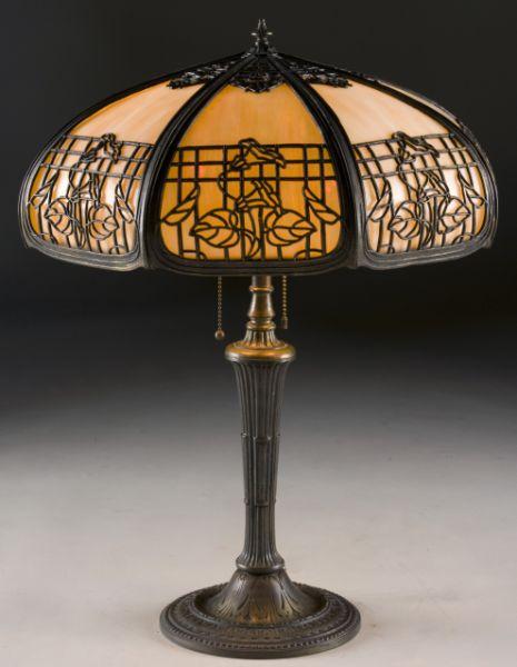 Appraisal: Miller Slag Glass Panel Lamp umbrella shade with metal overlay