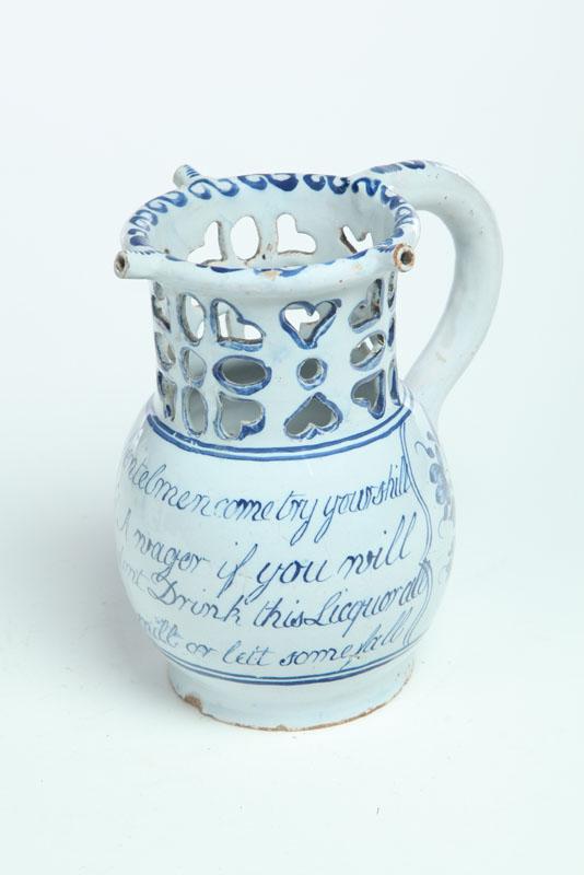 Appraisal: DELFT PUZZLE JUG England nd half th century tin glazed