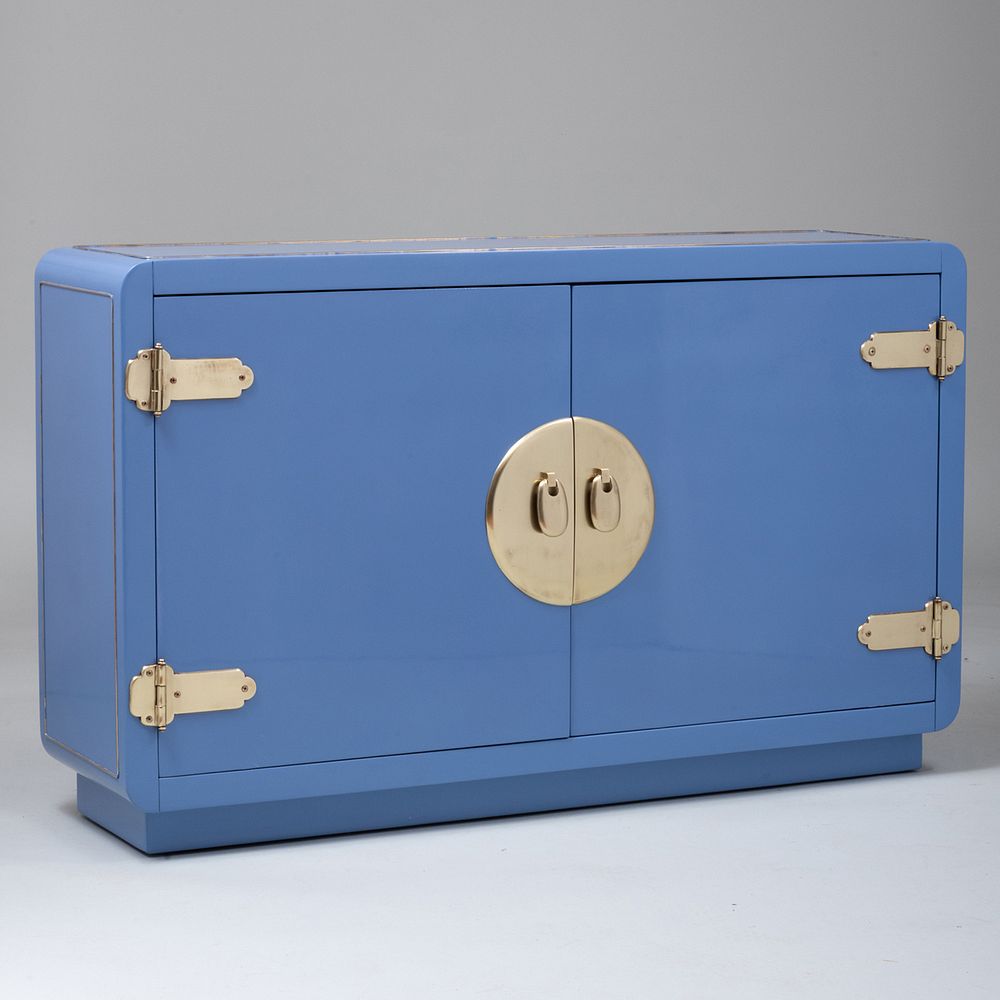 Appraisal: Mastercraft Style Console Cabinet in Soft Blue Lacquer and Brass