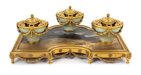 Appraisal: A French Gilt Bronze Celadon Porcelain and Japanese Lacquer-Inset Encrier