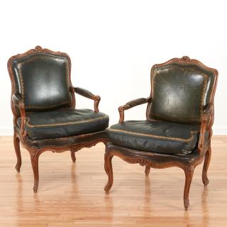 Appraisal: Harlequin pair Louis XV style leather fauteuils Harlequin pair Louis