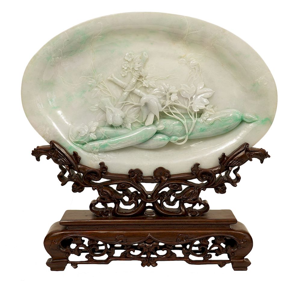 Appraisal: Chinese Jade Carved Dimensional Platter on Stand Chinese carved jade