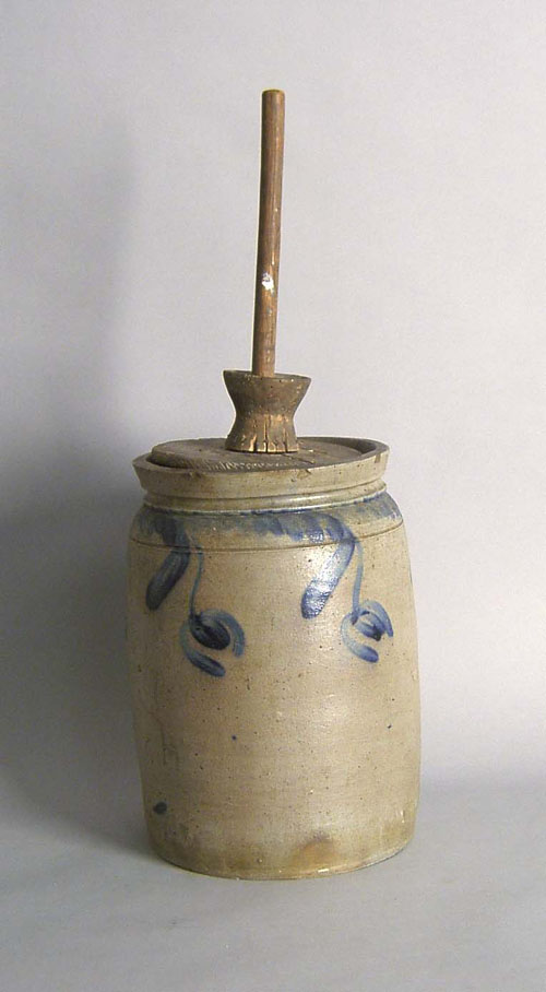 Appraisal: Stoneware butter crock th c with cobalt floral decoration h