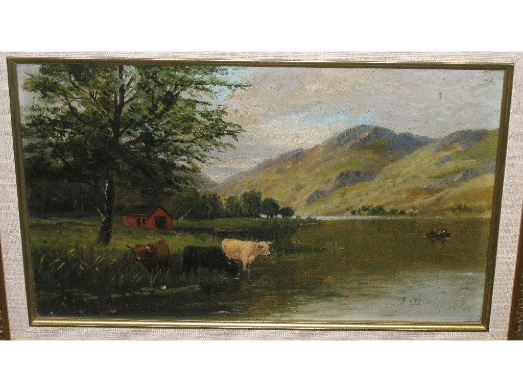 Appraisal: J MIDDLETON Oil on canvas loch scene with cattle signed