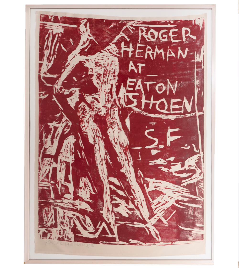 Appraisal: ROGER HERMAN 'BAY AREA FIGURE' WOODCUT ON FABRICRoger Herman Germany