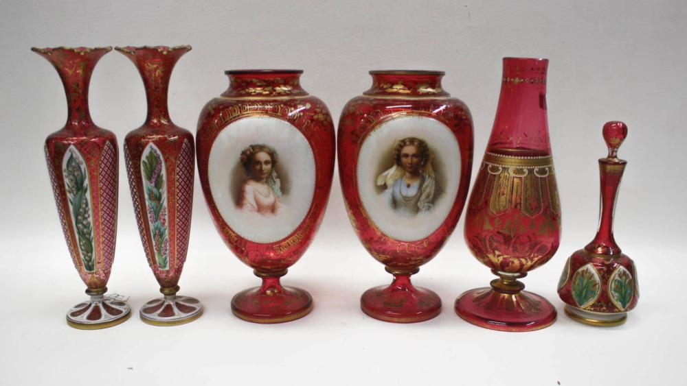 Appraisal: SIX MOSER STYLE CRANBERRY GLASS VESSELS comprised of a pair