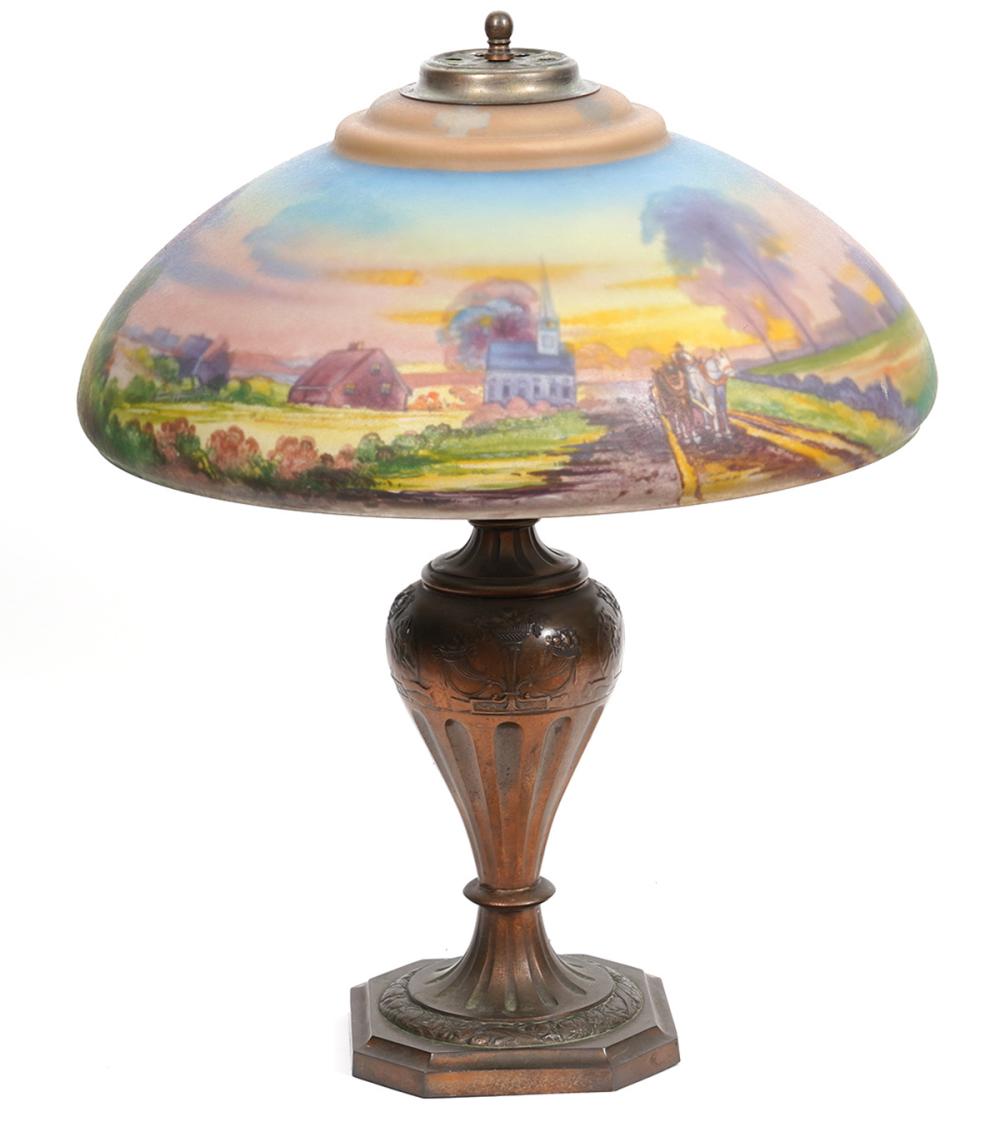 Appraisal: PAIRPOINT TABLE LAMP WITH REVERSE PAINTED SHADEPairpoint bronze table lamp