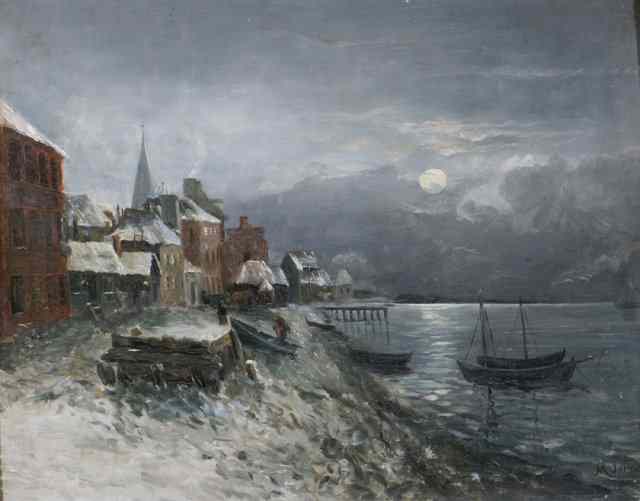 Appraisal: M JORGENSEN SCANDINAVIAN TH CENTURY Coastal town on moonlit night