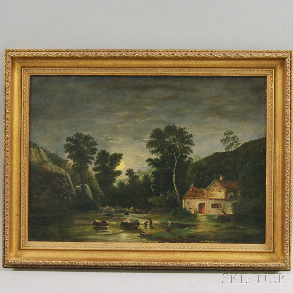 Appraisal: American School th Century Moonlight Over a Cottage Beside a