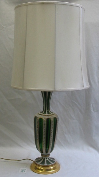 Appraisal: A CZECHOSLOVAKIAN CUT-OVERLAY GREEN ART GLASS TABLE LAMP the vertically