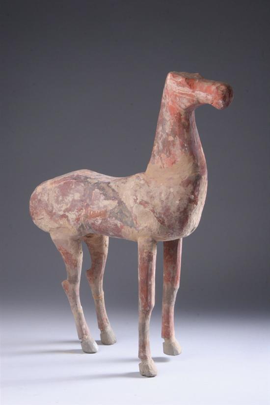 Appraisal: CHINESE POTTERY FIGURE OF HORSE Han Dynasty With remains of