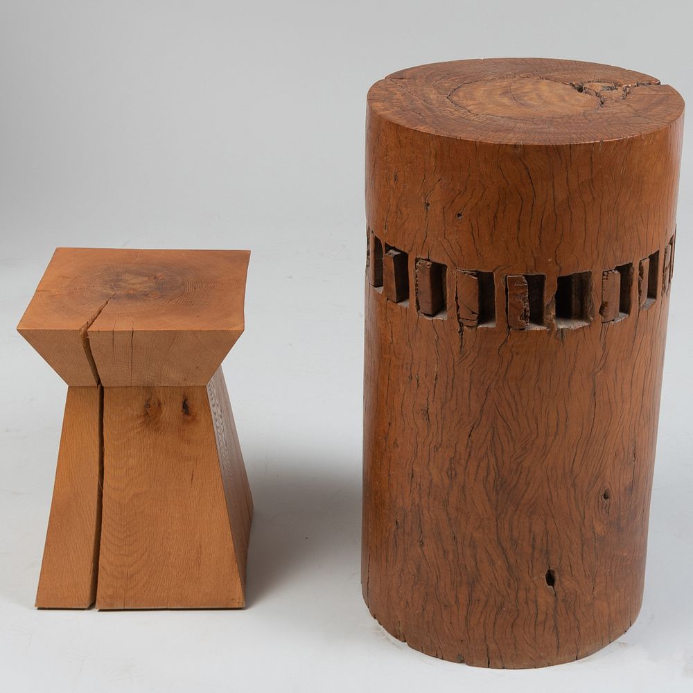 Appraisal: Two Modern Wood Sculptural Tables The cylindrical x in diam