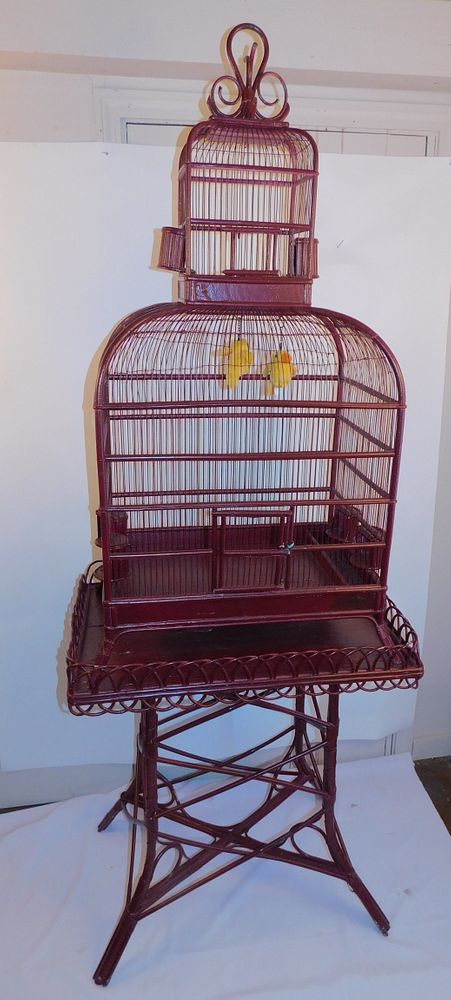 Appraisal: WICKER BIRD CAGE ON STAND Vintage painted wicker and wood