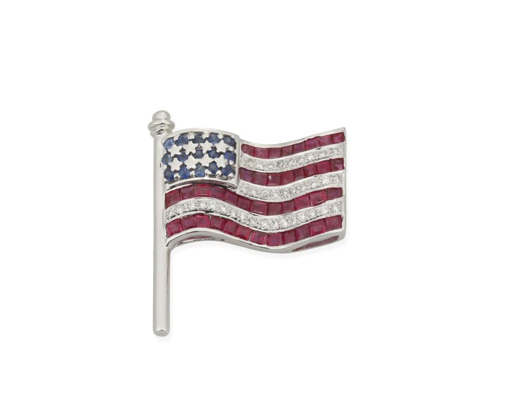 Appraisal: A RUBY SAPPHIRE AND DIAMOND AMERICAN FLAG BROOCHA ruby sapphire