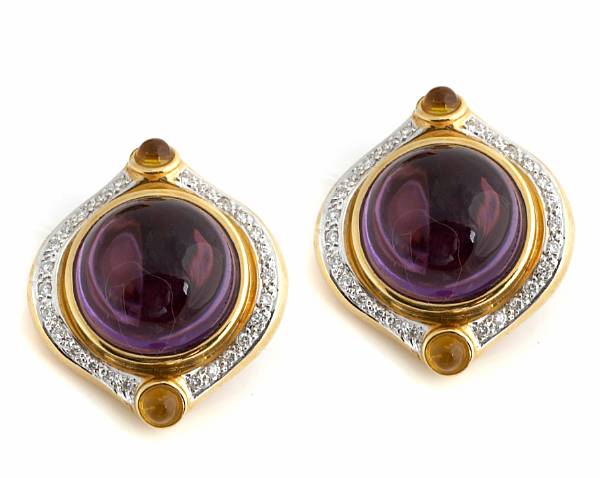 Appraisal: A pair of amethyst diamond and k gold earrings post